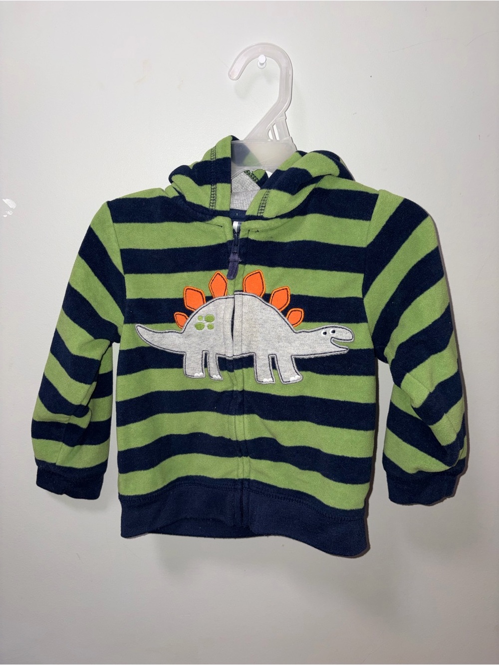 Carters Navy Green Striped Fleece Hooded Zip Dinosaur Jacket Boys 24M